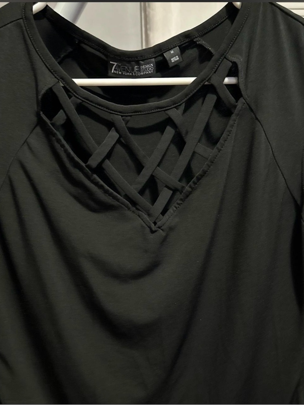 New York & Company Black Lattice V-Neck Women's Top